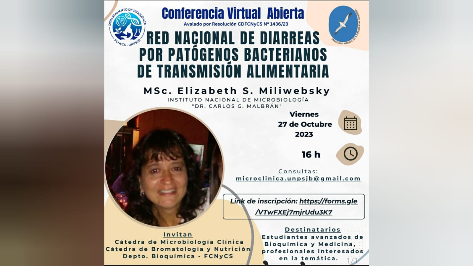 La MSc. Elizabeth S. Miliwebsky, especialista del Instituto Malbrán, disertará el viernes 27, en una conferencia virtual abierta