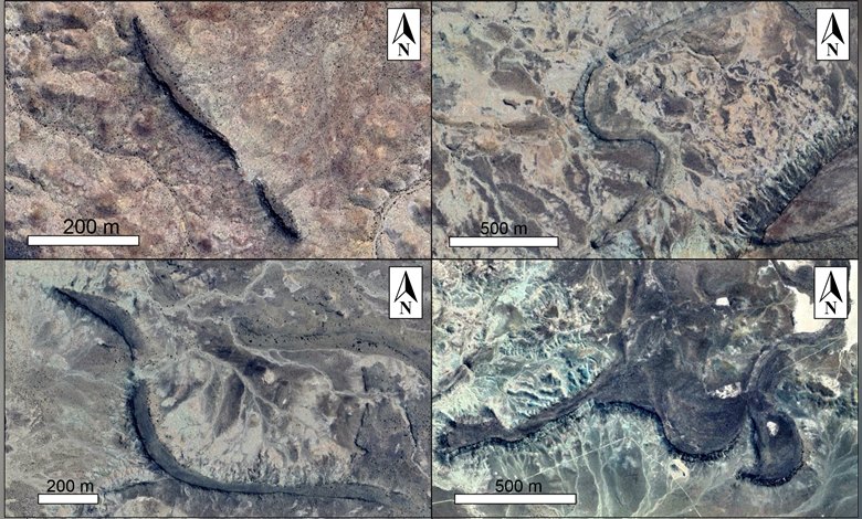 Ejemplos de paleocanales cretcicos observados en imgenes satelitales, notar las diferencias de tamao y sinuosidad